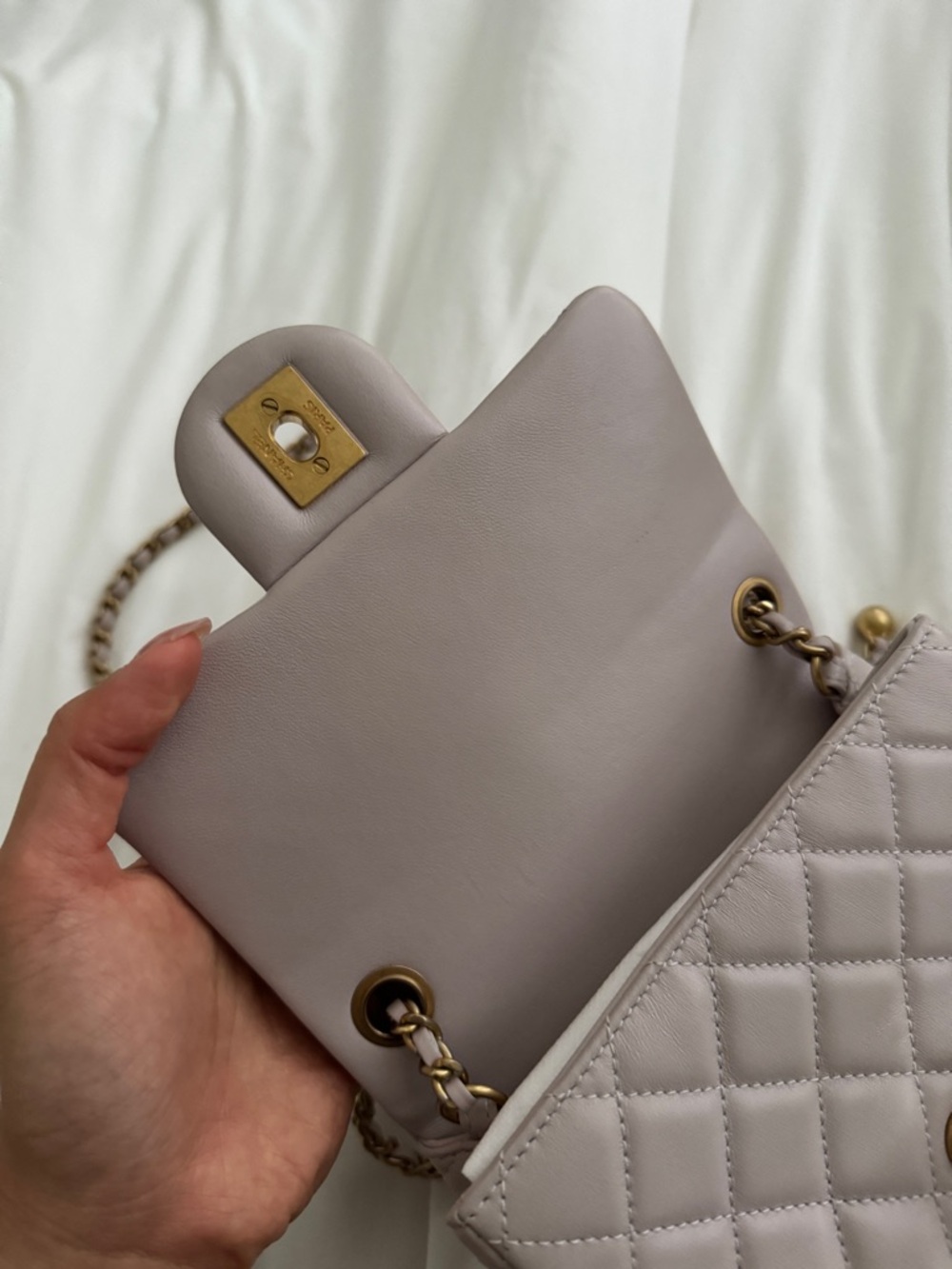 CHANEL Mini Square Pearl Crush Flap Bag in Light Purple with Gold Hardware - Picture 9 of 14